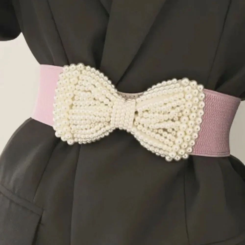♡♡♡Faux Pearl Large Bow Wide Stretch Dress Belt Cream Pink Party CLub Wear